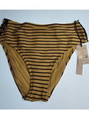 Robin Piccone Ecru Bikini Bottom Striped Beige Black Ribbed Size M High Waist NW